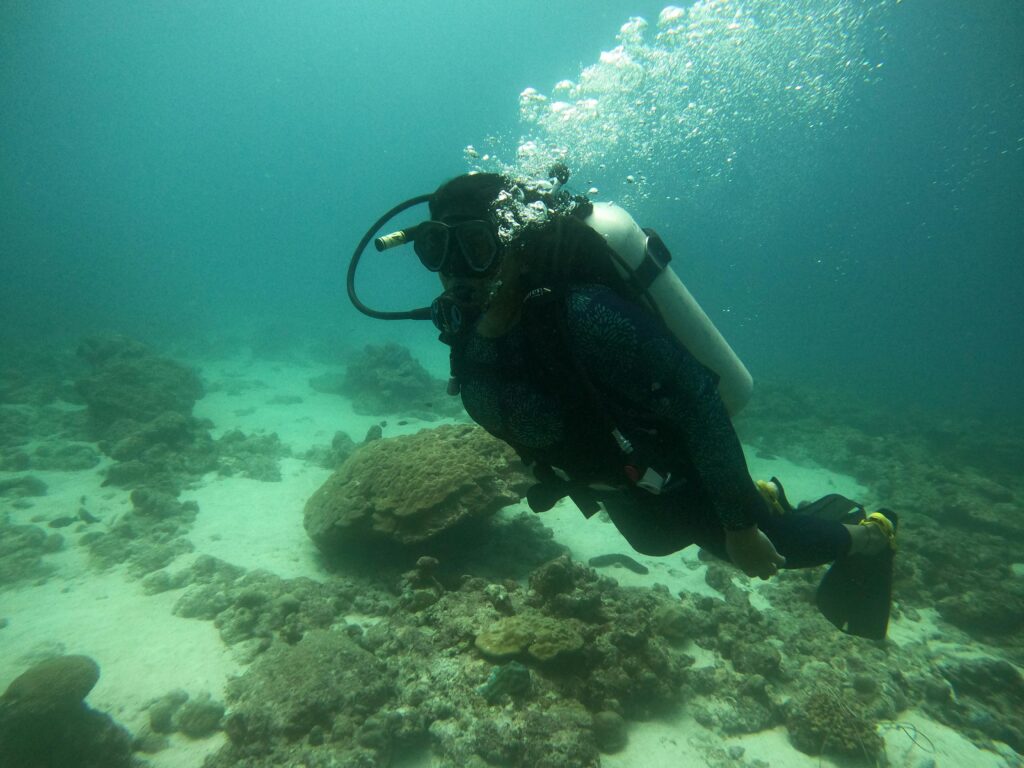 A scuba diver explores vibrant coral reefs underwater in Agatti, India.