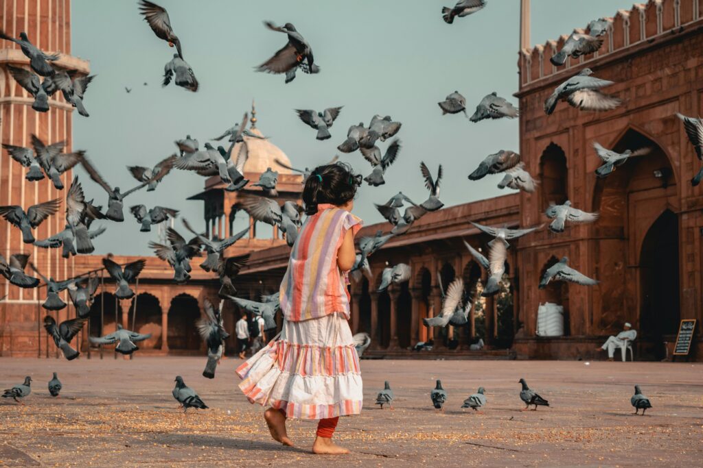 A young girl happily plays among flying pigeons in a historic outdoor setting, capturing a moment of joy and innocence.